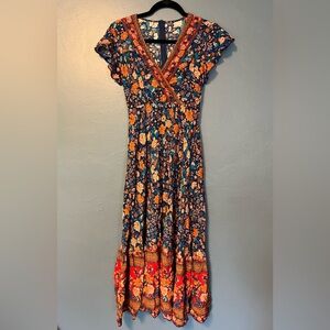 Boho Floral Midi Dress. Flutter Sleeves Wrap Top, Blue Orange. Women’s XS